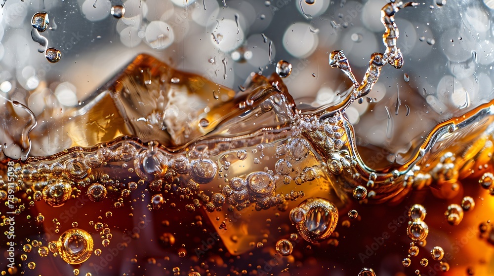 Aufkleber Cola with Ice Close up of the ice cubes in cola water Texture of carbonate drink with bubbles in glass Cola soda and ice splashing fizzing or floating up to top of surface Cold drink b : Generative AI