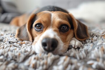 A close-up of a beagle dog resting peacefully on a soft, shaggy rug highlighting domestic tranquility