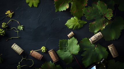 Wine with grapes leaves and corks on dark background copyspace flat lay : Generative AI