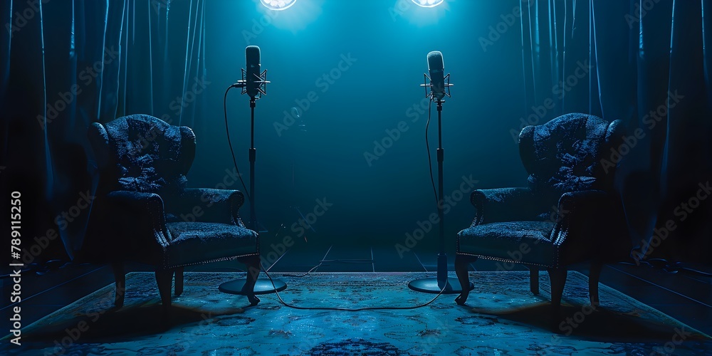 Poster professional interview setup with microphone equipped chairs on dark backdrop for intimate media con