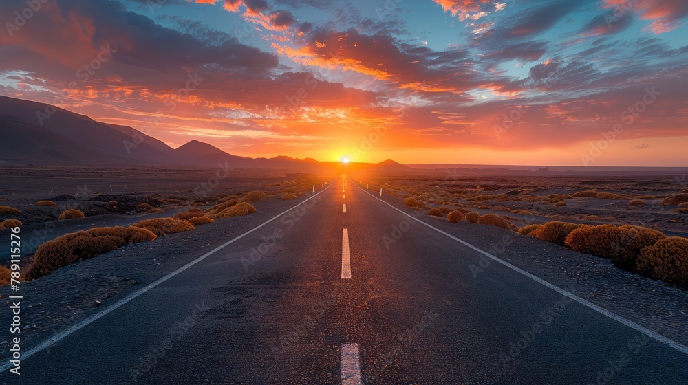 Aufkleber a long road with a sun setting in the background. the road is empty and the sky is filled with cloud