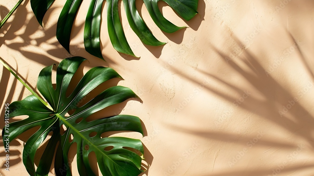 Aufkleber Top view of green tropical leaves and shadows on sand color background Flat lay Minimal summer concept with palm tree leaf Creative copyspace with paper frame : Generative AI