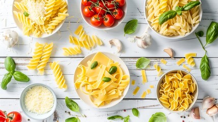 Italian food concept Various kind of pasta with ingredients sweet basil tomato garlic parsley bay leaves pepper champignonzucchini and parmesan cheese on white wooden background flat l : Generative AI - Powered by Adobe