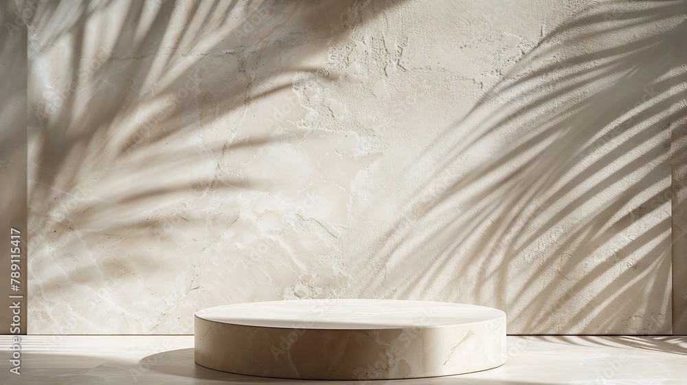 Aufkleber Travertine stone display flat lay podium on travertine stone background and palm shadow Product promotion Beauty cosmetic showcase : Generative AI