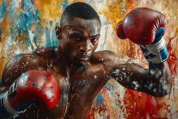 A dynamic action shot of an athlete delivering a punch with a dramatic explosion of water, emphasizing force and determination in boxing