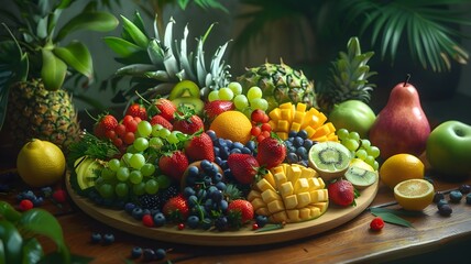  A refreshing fruit platter featuring an assortment of seasonal delights, offering a burst of...