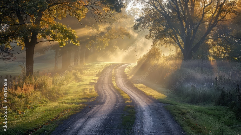 Poster a road with trees in the background and the sun shining on it. the road is empty and peaceful