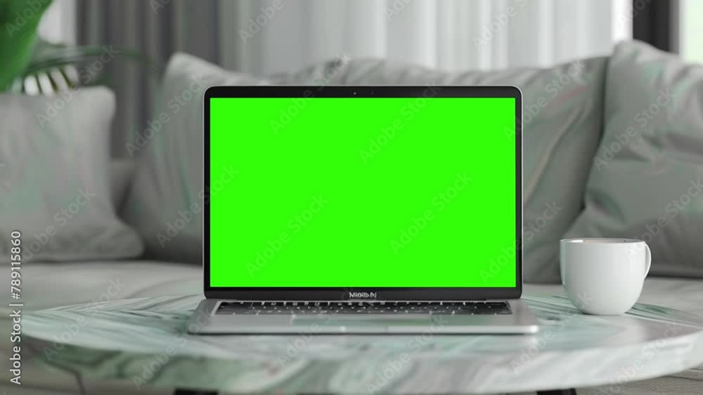 Poster laptop with blank green screen in office interior. smooth camera movement around object with bokeh b