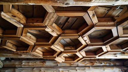 Wooden honeycomb frames hanging from the ceiling 
