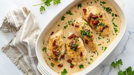 Chicken Breast Cutlets With SunDried Tomato Cream Sauce in white baking dish on white table horizontal view flat lay closeup : Generative AI