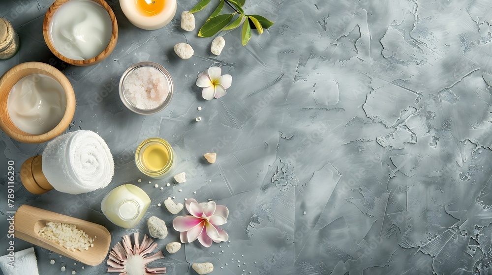 Poster various spa related objects on gray background top view body and skin care flat lay with copy space 