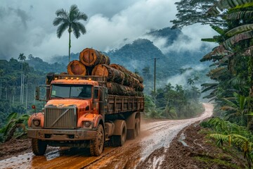 A loaded logging truck travels a soggy, muddy road through the dense, misty tropical forest with towering trees