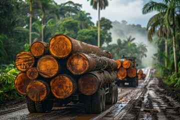 Close up on the rugged texture of cut timber logs loaded on the back of a transport truck in a tropical, humid landscape - obrazy, fototapety, plakaty