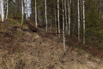 A metal stairway at Auttiköngäs waterfall in spring, Rovaniemi, Lapland, Finland.