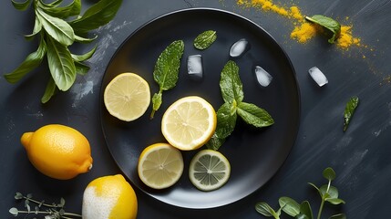 Flat lay photo of lemonade ingredients on black plate : Generative AI