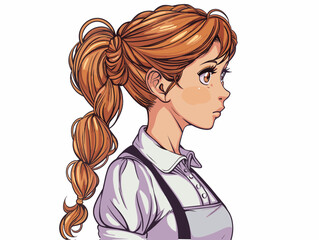 waiter background, Curly ponytail with a scrunchie., very simple and isolate in the style of animated illustrations, waiter background, text-based