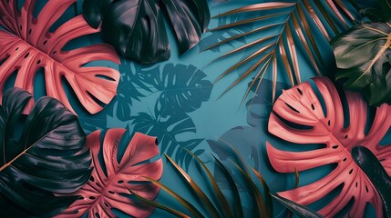 Fototapeta na wymiar Top view tropical leaves on vibrant background Summer flat lay composition : Generative AI