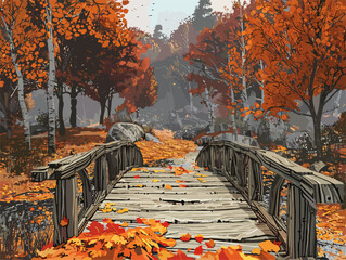 wither background, A rustic wooden bridge crossing a small stream, in the style of animated illustrations, wither background, text-based