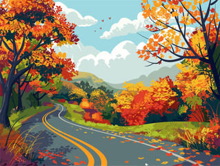 Naklejka na ściany i meble wither background, A winding country road bordered by colorful trees, in the style of animated illustrations, wither background, text-based