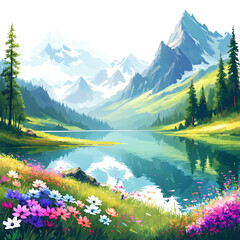 A beautiful landscape featuring a large lake surrounded by mountains. The scene is enhanced by the presence of wildflowers, adding a touch of color and life to the landscape.