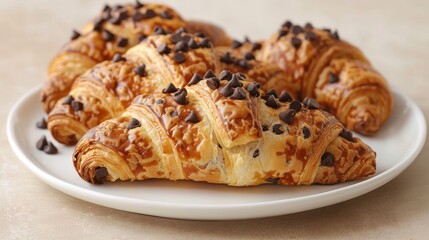 Delicious Chocolate Chip Croissants on a White Plate, Pink stone background. Generative ai.