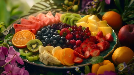  A refreshing fruit platter featuring an assortment of seasonal favorites, offering a burst of...