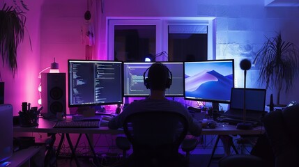 Dedicated web developer engrossed in programming on multiple monitors amidst high-tech office environment