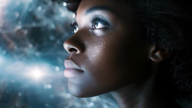 A striking black woman gazes into the distance her dark eyes reflecting the depth of the unknown dd in billowing fabrics that mimic the swirling void of dark matter a symbol of the .