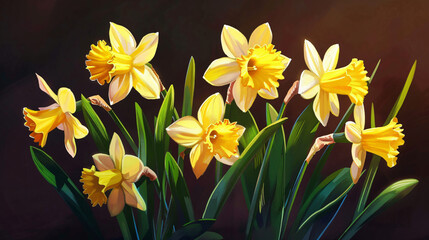 Yellow daffodils with stems and leaves in bunch