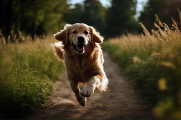 Golden running outdoor retriever dog gold play meadow sky half face run 1 carnivore friends pedigreed action nature field breed grass portrait animal pedigree doggy - obrazy, fototapety, plakaty