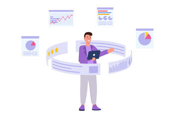 Data scientist concept. Data analytics research and collaborate on a report, utilizing graphs and a dashboard on a monitor. Vector illustration.