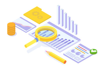 Data scientist concept. Data analytics research and collaborate, utilizing graphs and a dashboard on a monitor. Isometric Vector 