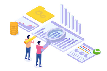 Data scientist concept. Data analytics research and collaborate on a report, utilizing graphs and a dashboard on a monitor. Isometric Vector illustration.