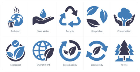 A set of 10 ecology icons as pollution, save water, recycle