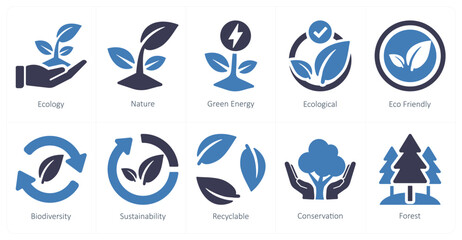 A set of 10 ecology icons as ecology, nature, green energy