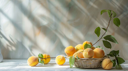 Yellow peaches fruit in a basket on white table 