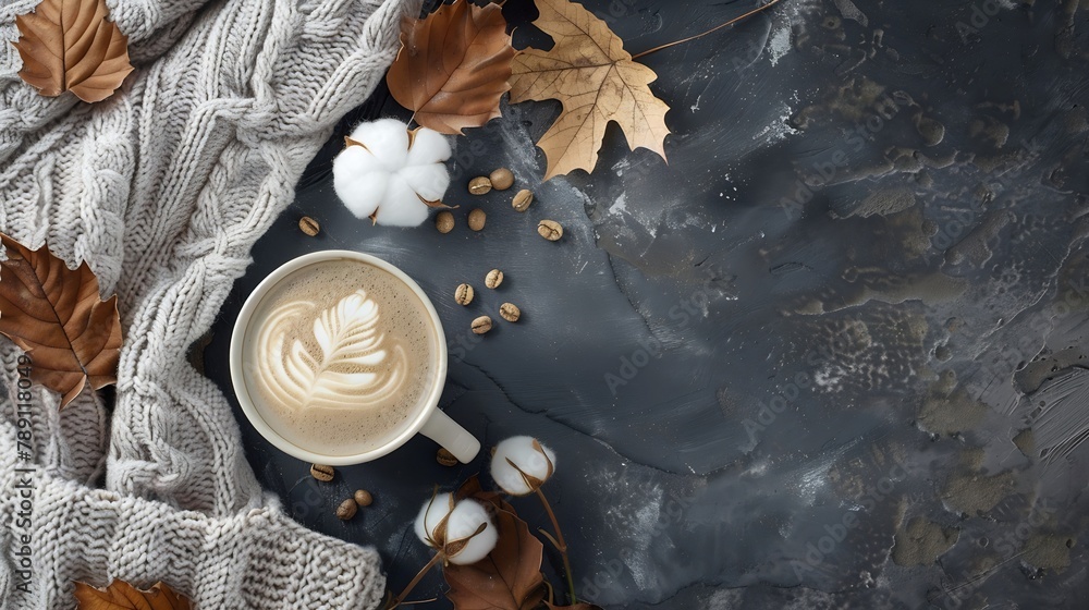 Poster autumn composition a cup of coffee cotton flowers autumn leaves and sweater on stone background flat