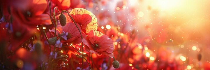 Vibrant Poppies Glowing in Splendid Sunlight A Luminous Closeup of Resplendent Red Poppy Cluster - obrazy, fototapety, plakaty