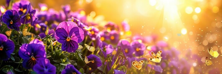 Fototapeta na wymiar Vibrant Purple Pansies Basking in Golden Sunlight Surrounded by Butterflies