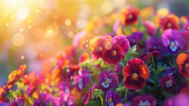 Vibrant Pansies Basking in Ethereal Sunlight: A Radiant Floral Cluster