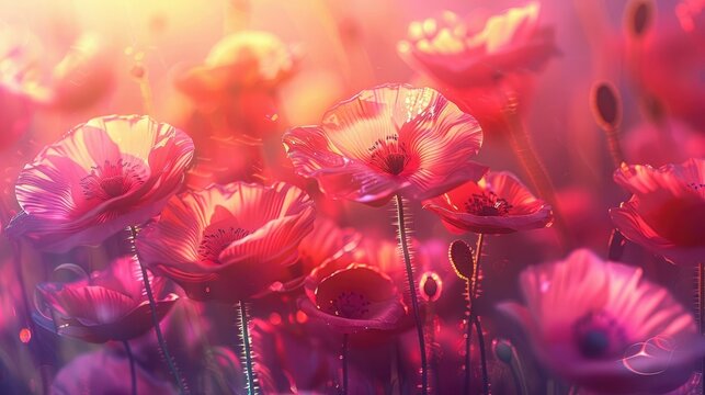 Vibrant Poppy Cluster Illuminated by Ethereal Sunlight in a Luminous Close-up Shot