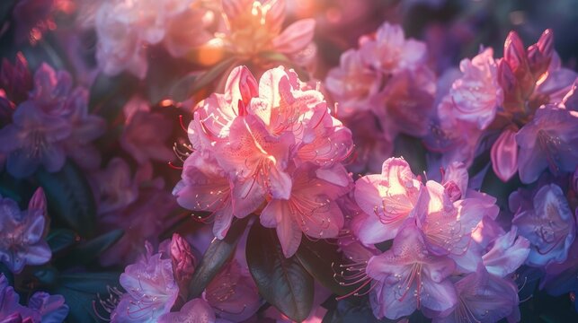 Vibrant Rhododendrons Glowing in Ethereal Sunlight A CloseUp Shot of Natures Radiant Blooms