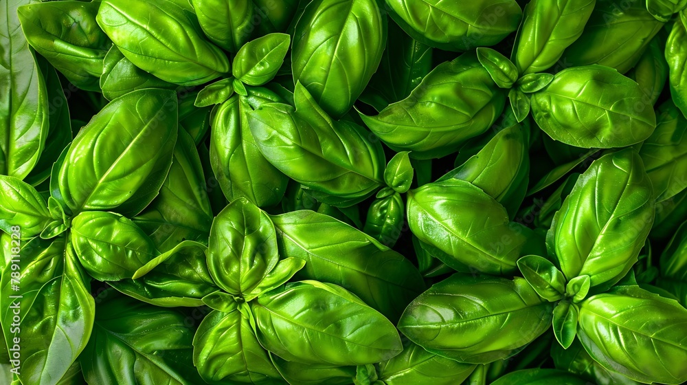Poster close up full frame top view studio shot of fresh green basil he : generative ai