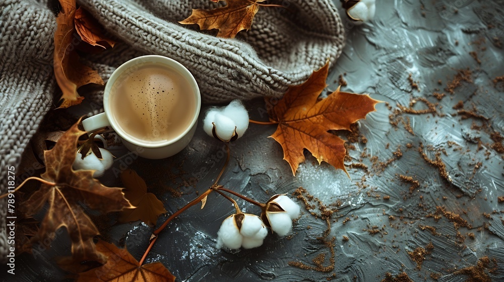 Poster autumn composition a cup of coffee cotton flowers autumn leaves and sweater on stone background flat