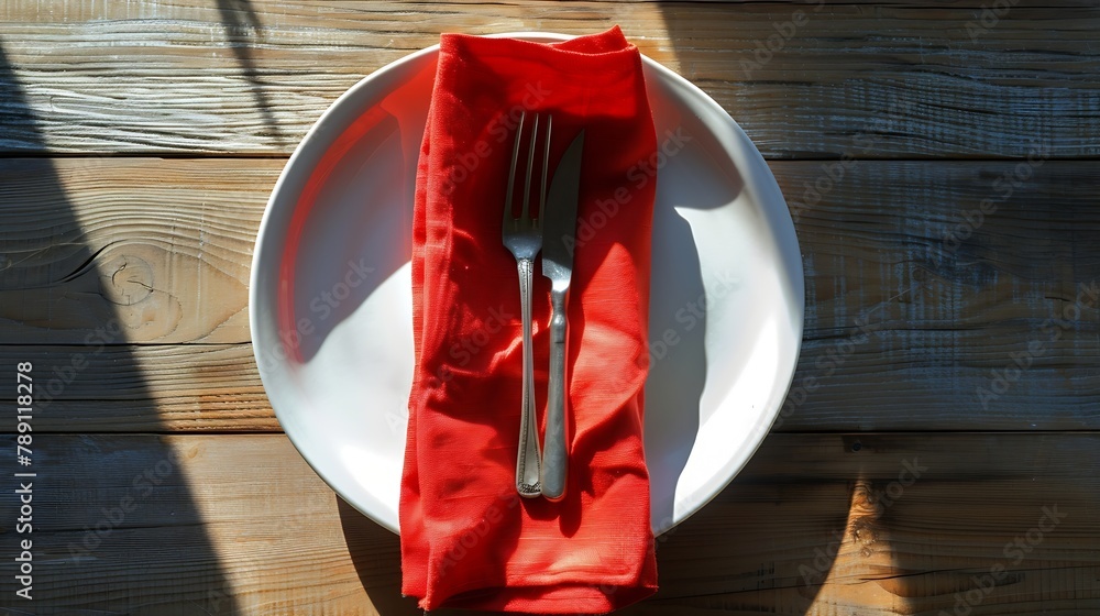Poster top view with red empty kitchen napkin isolated on table background Folded cloth for mockup with copy space Flat lay Minimal style : Generative AI
