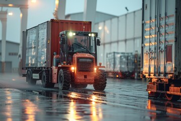 A commercial truck drives through a container storage area, with rain glistening on the pavement