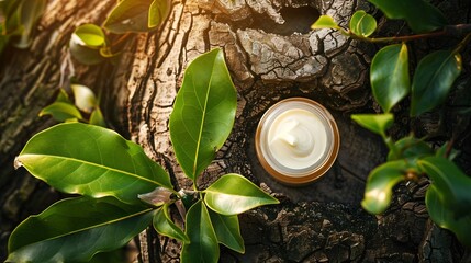 Cosmetic lotion serum and cream jar in blank packages on a tree bark with green leaves Natural cosmetics spa and wellness concept Top view flat lay : Generative AI