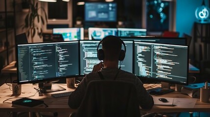 Dedicated web developer engrossed in programming on multiple monitors amidst high-tech office environment
