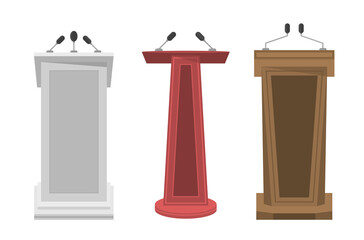 PNG, Collection of realistic 3d pedestal, wooden tribune and podium with microphone for speech. Tribune, stage, stand or debate podium rostrum with microphones. Business presentation or conference. Ve