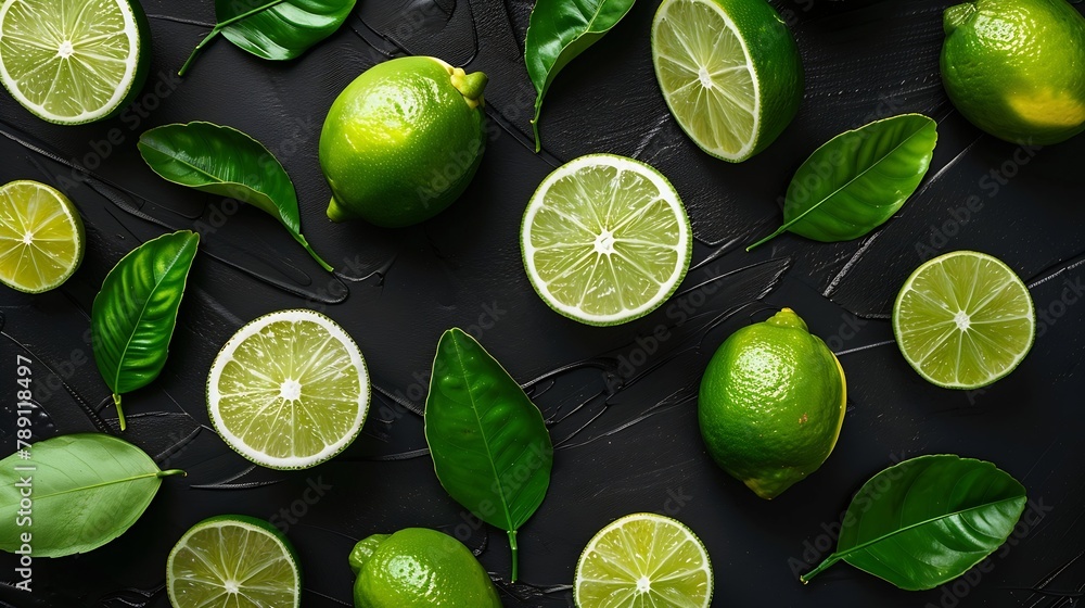 Aufkleber Group lime with sliced and green leaf on black dark background  top view  flat lay : Generative AI